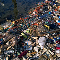 Nondegradable rubbish / refuse, like plastic bottles and nylon floating in water of canal